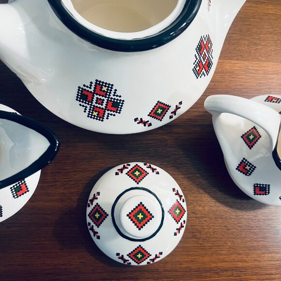 Vintage Cross Stich Pattern Porcelain 3 Piece Tea Set Genie Bottle Design - Picture 8 of 11